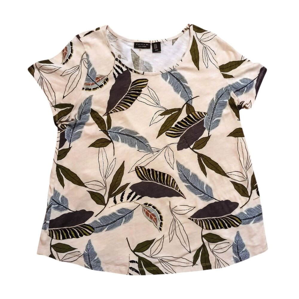 TAHARI Top Womens Size 1x Tropical Floral LUXE Linen Print Short Sleeve Shirt